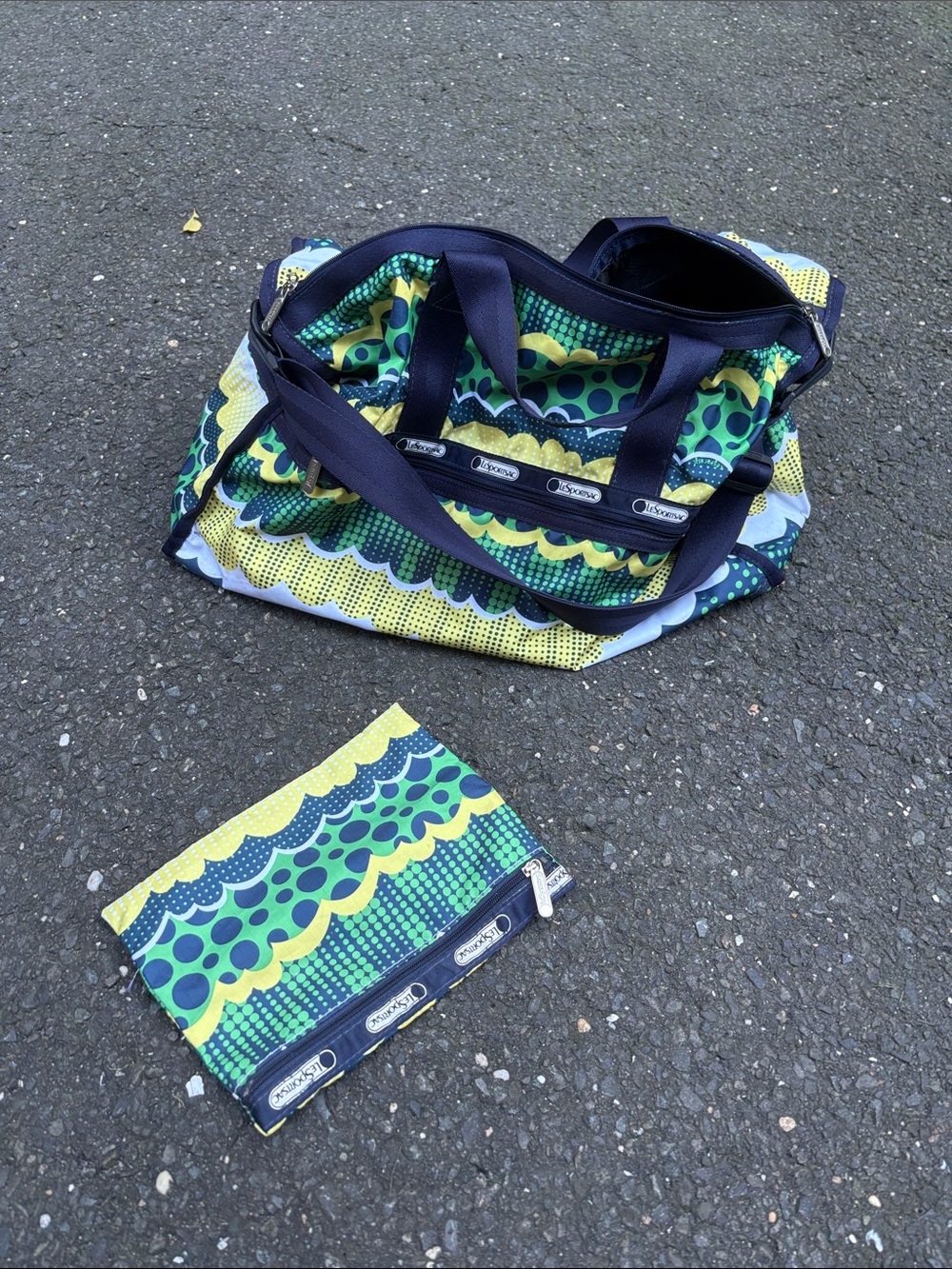 Lesportsac Kids Tote in Green, Yellow & Navy Wave Print